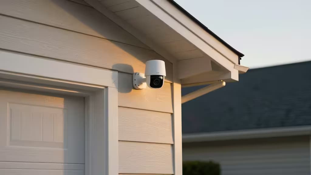 A detached garage at dusk with a wireless security camera mounted on its exterior wall, soft golden light in a suburban setting.