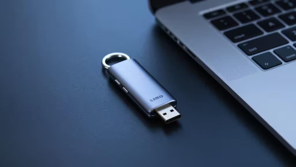 Clave de seguridad hardware USB-C sobre un escritorio oscuro junto a un portátil, iluminación azul suave