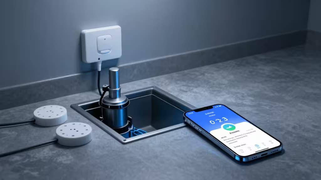 Cantina smart home con pompa di scarico, sensori di perdita d'acqua sul pavimento e smartphone che mostra un avviso di allagamento