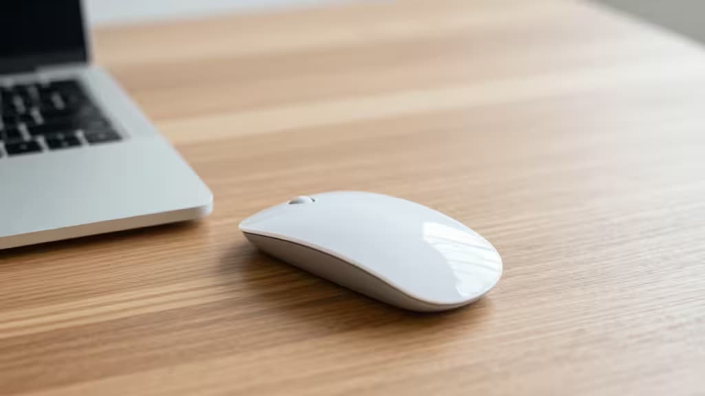 A sleek white wireless mouse rests beside a silver laptop on a light wood desk.