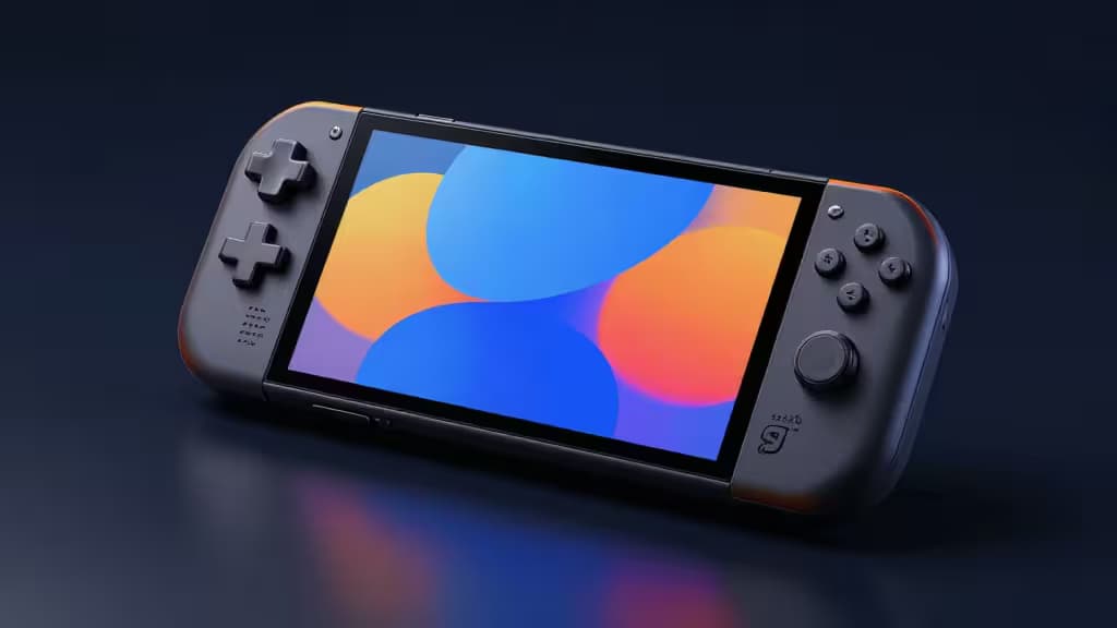 Чёрная консоль Steam Deck OLED на отражающей поверхности с ярким экраном и эргономичным дизайном.