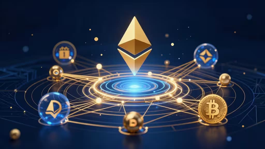 Símbolos dourados de Ethereum, Bitcoin e Solana orbitam anéis azuis brilhantes numa rede digital escura, ilustrando protocolos de restaking cripto interconectados.