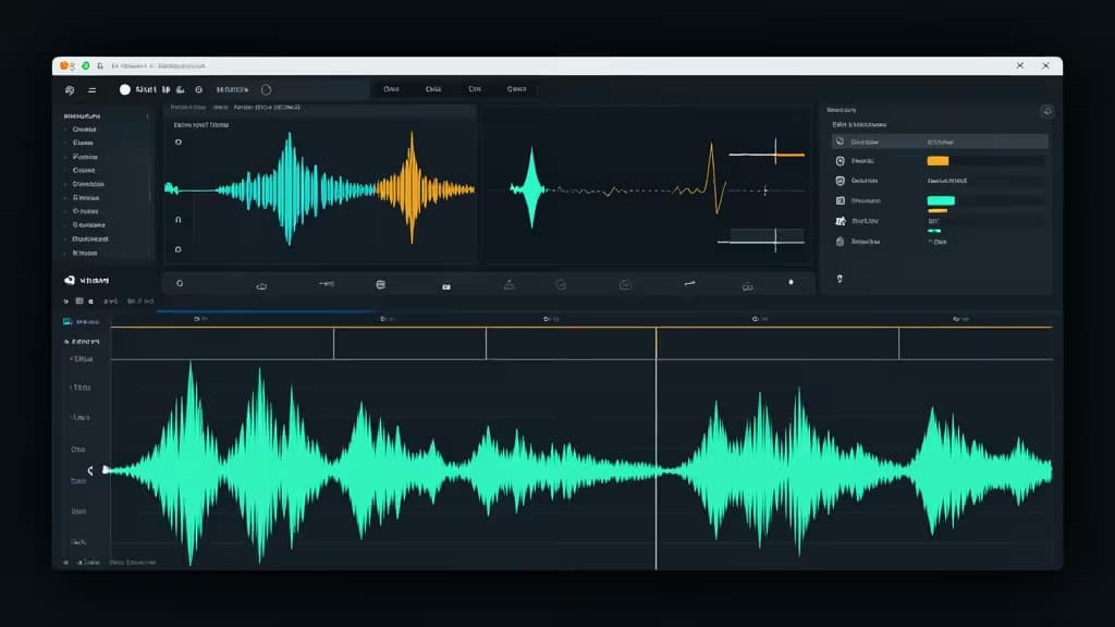 Abstract illustration of a video editing timeline with AI-assisted waveforms in teal and amber tones