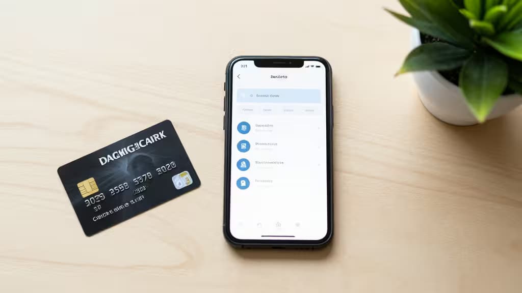 Een zwarte creditcard en een smartphone met een bankapp op een houten tafel naast een potplant.