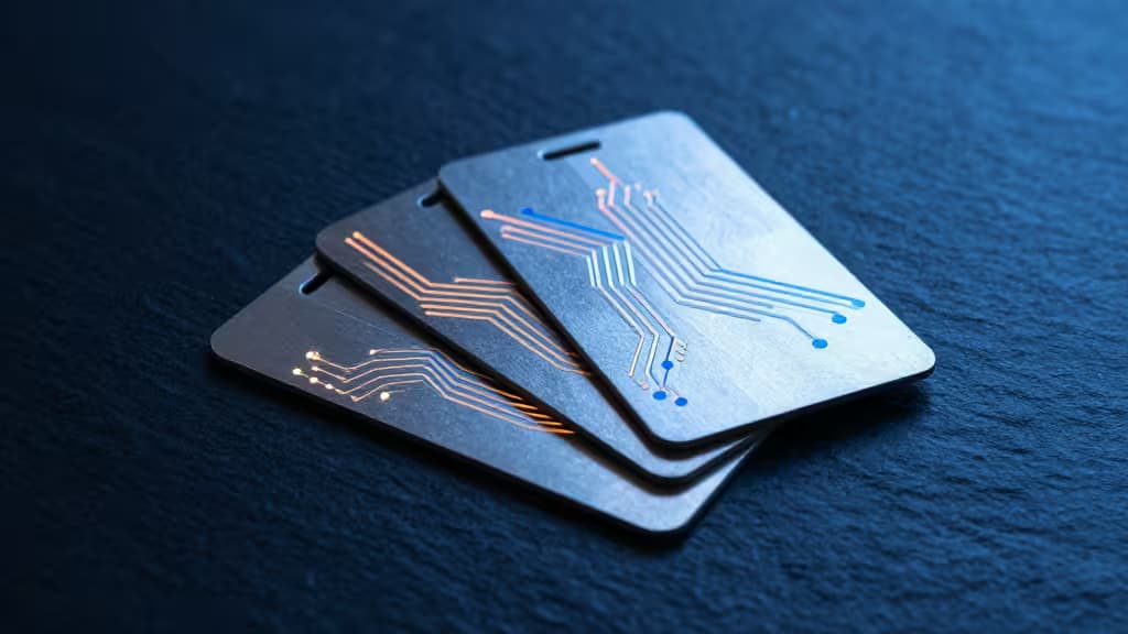 Three metallic crypto wallets with circuit patterns, stacked on a dark textured surface.