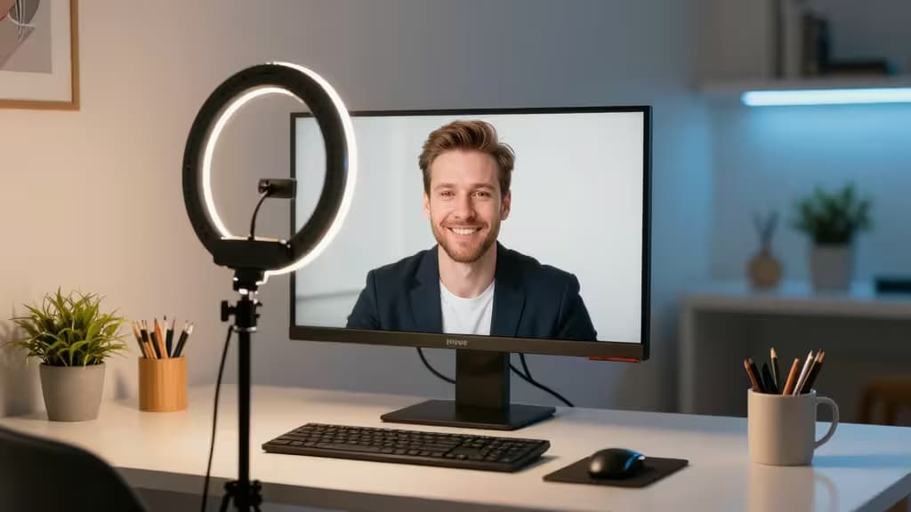A ring light illuminates a smiling man on a monitor, set on a clean desk with plants and pens.