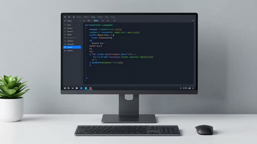 A sleek monitor displays Go code with syntax highlighting, flanked by a succulent and keyboard on a minimalist desk.