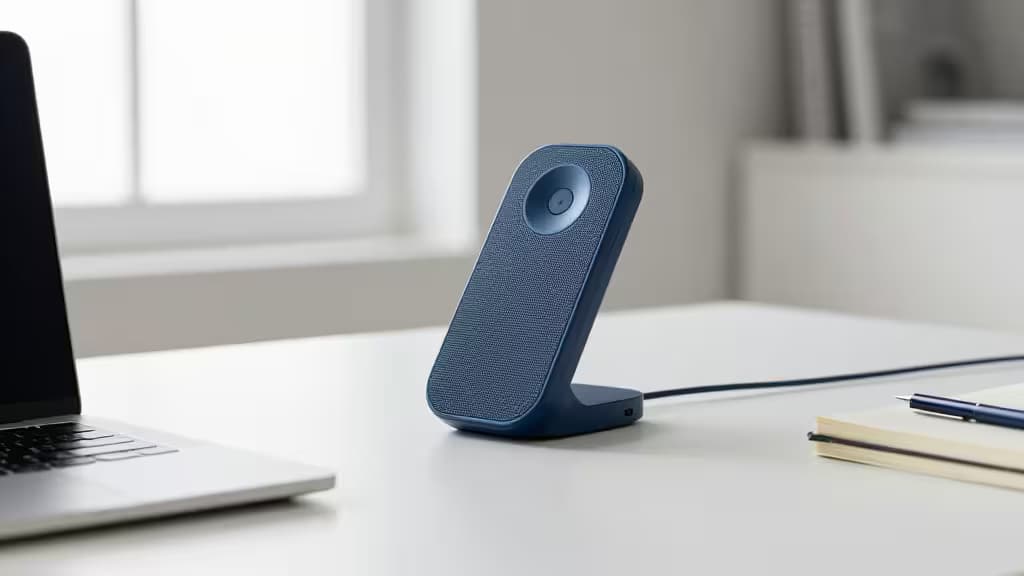 Blue fabric-covered speakerphone with circular mic sits on white desk beside laptop and notebook.