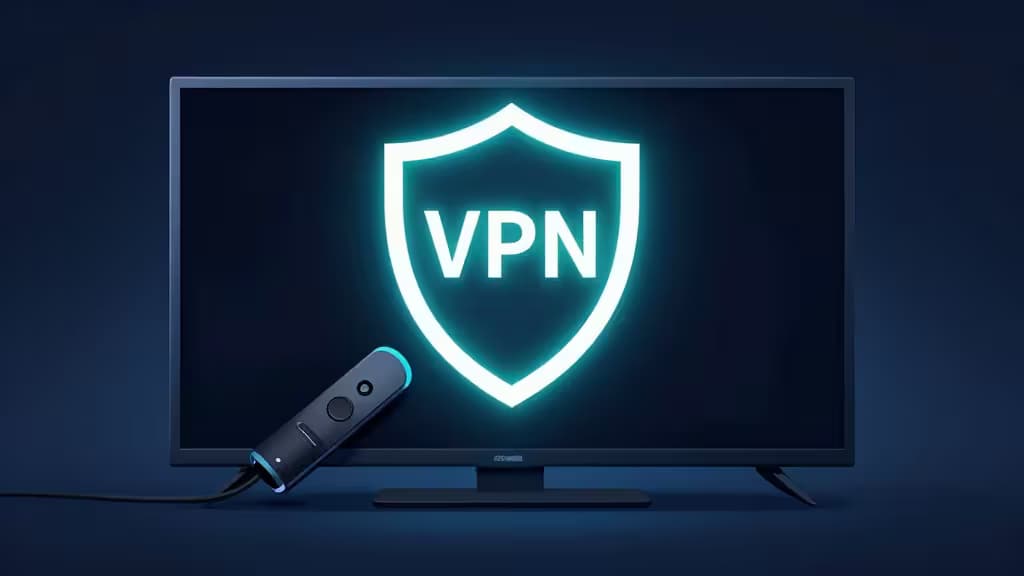 Uno scudo VPN blu luminoso illumina uno schermo TV scuro, con un telecomando Fire TV davanti, a simboleggiare la privacy dello streaming sicuro.
