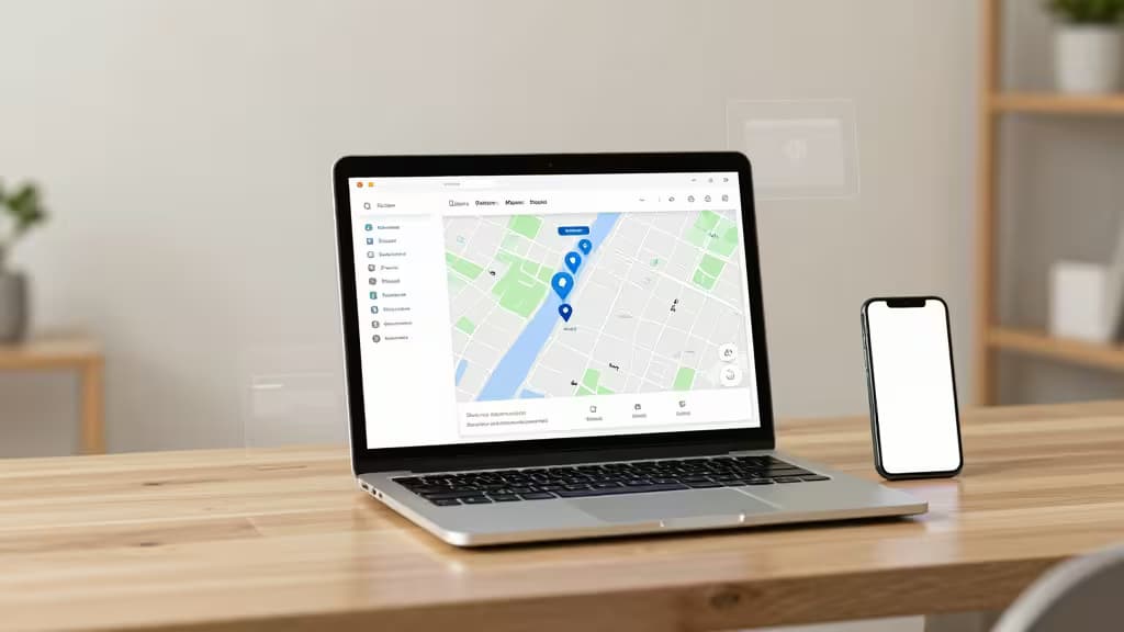 Laptop displays AI-powered local SEO map interface beside smartphone on wooden desk.