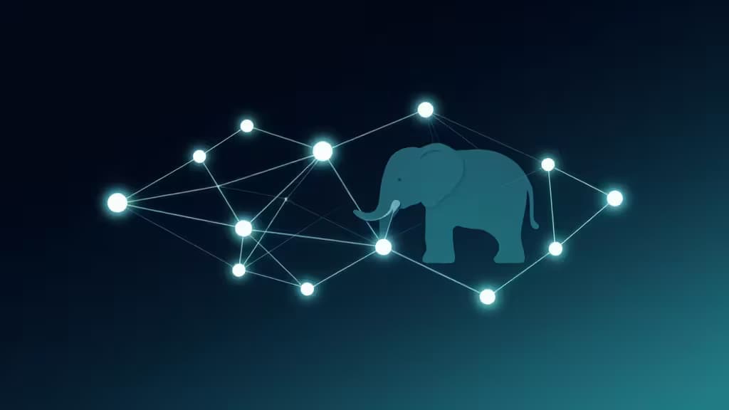 Glowing teal elephant icon connects to luminous white nodes via thin lines on a dark blue gradient background.