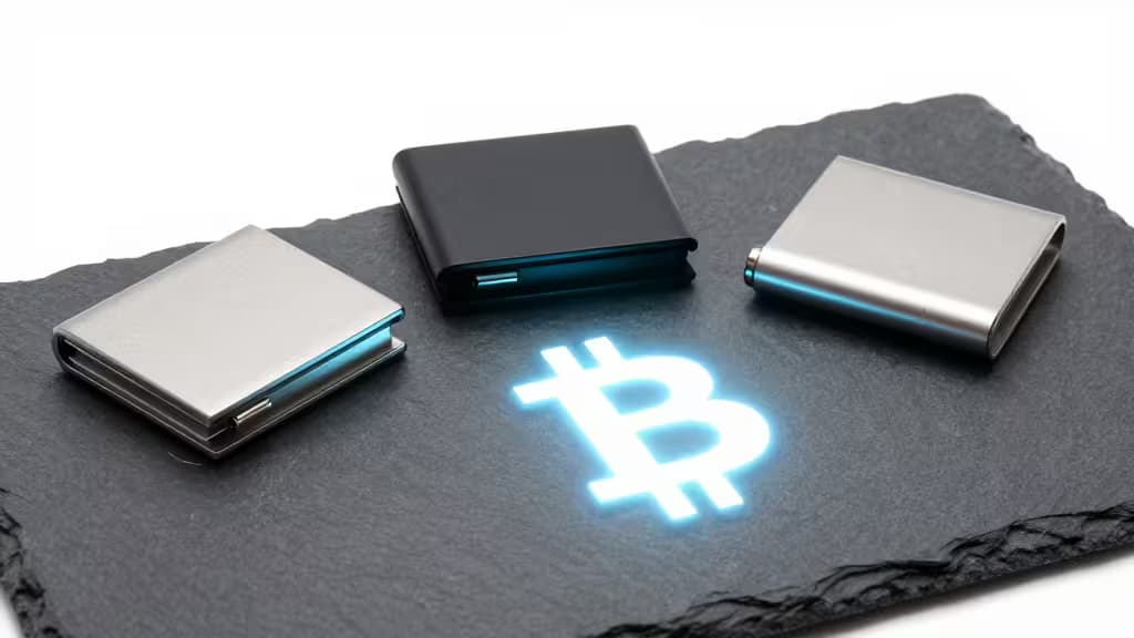 Trois portefeuilles hardware en métal posés sur une ardoise sombre à côté d'un symbole Bitcoin lumineux, illustrant le stockage sécurisé de crypto.