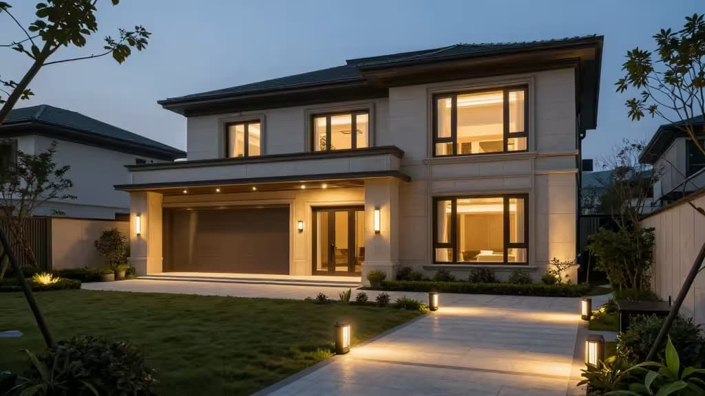Modern home facade at dusk, lit by warm pathway and architectural lights.