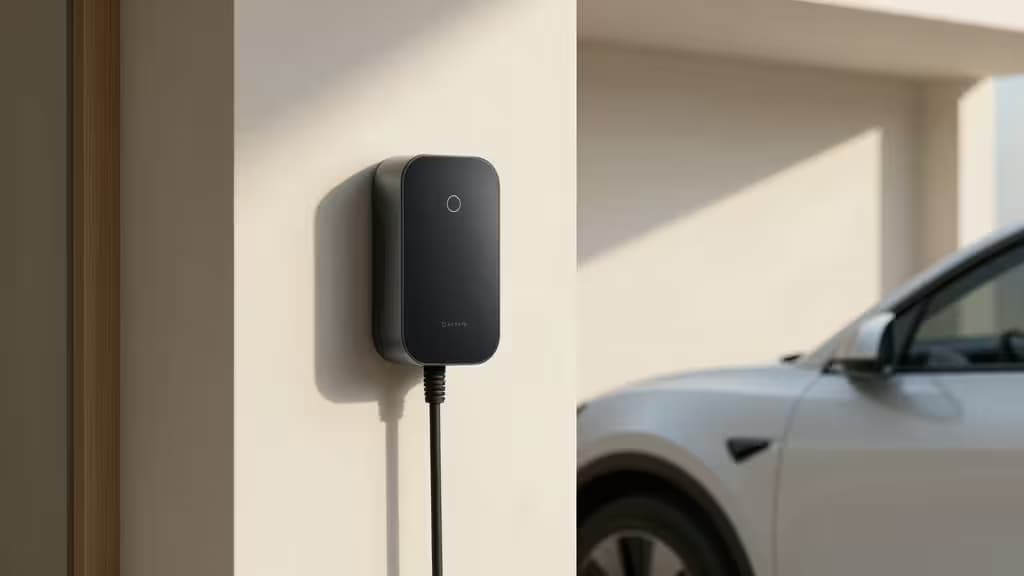 Um carregador inteligente preto e elegante montado em uma parede creme, com um carro branco carregando ao fundo em uma garagem iluminada por luz natural.