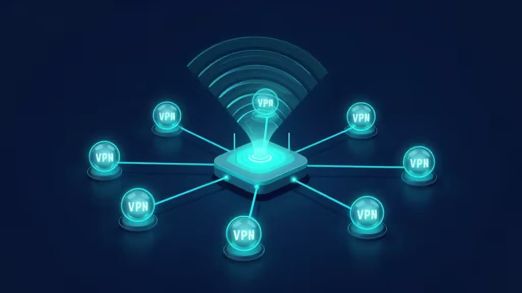 Un router centrale luminoso emette onde Wi-Fi ciano, collegandosi a otto orb fluttuanti con etichetta VPN tramite linee luminose su sfondo blu scuro.