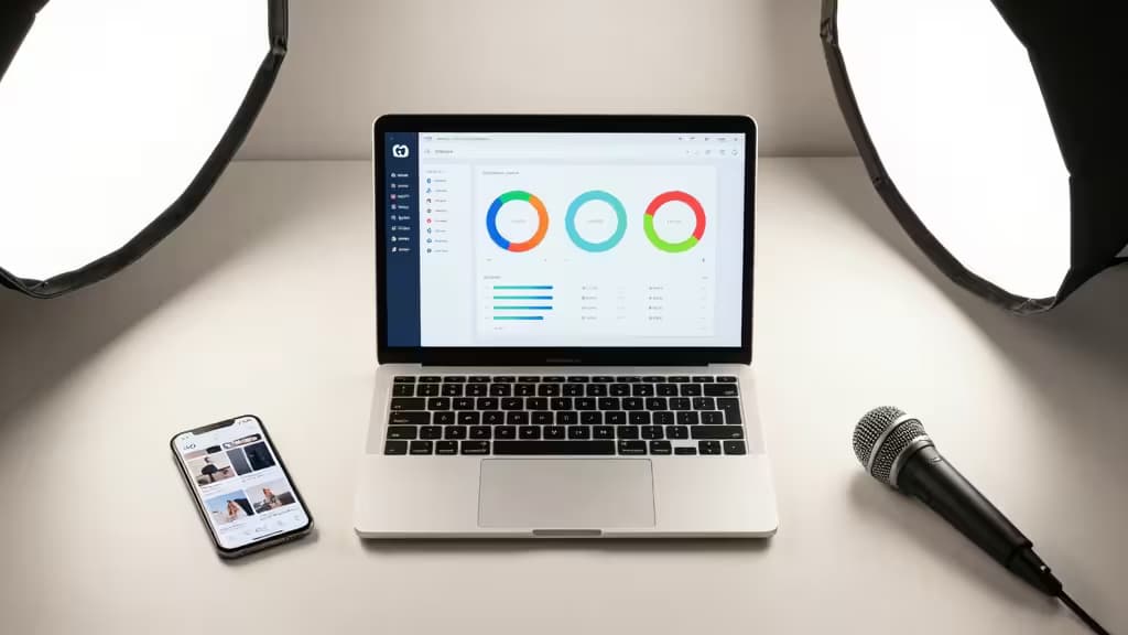 Laptop che mostra analytics, affiancato da smartphone e microfono sotto luci da studio.