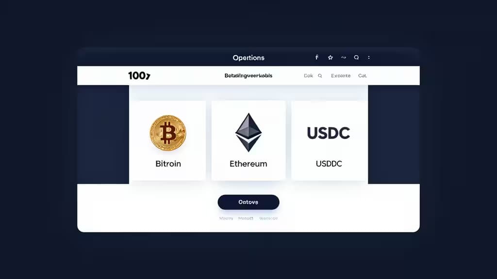 Moderne webshop checkout interface met crypto betalingsopties op een donker thema scherm, met subtiele blauwe gloed.