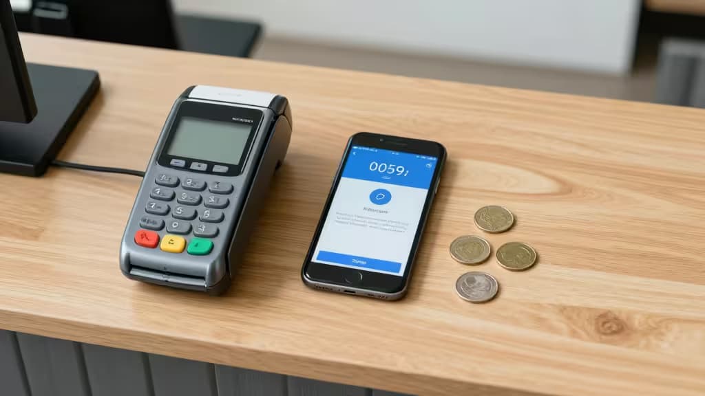 A POS terminal, smartphone displaying payment app, and coins on a wooden counter.
