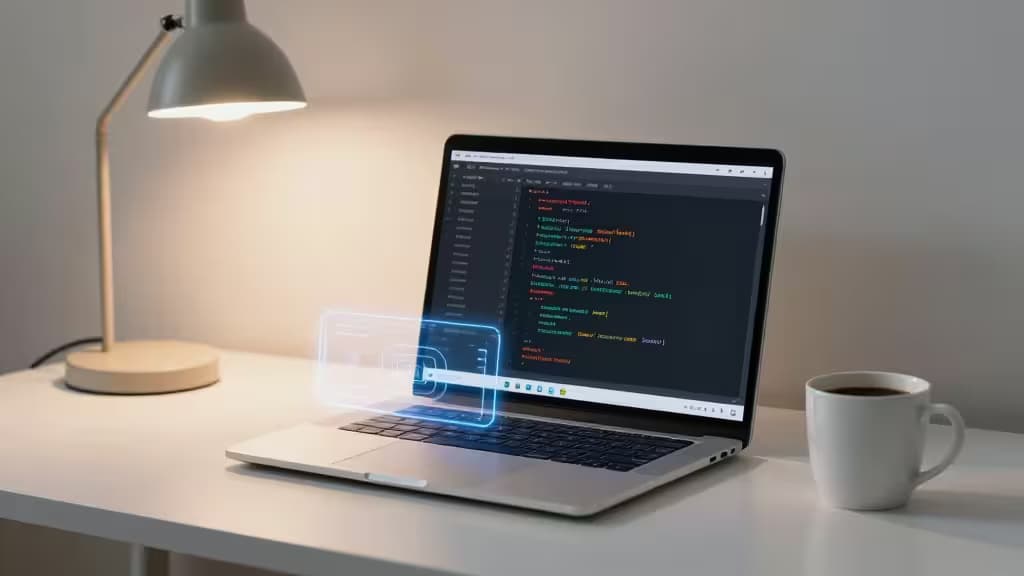 Laptop displays code with holographic AI interface, beside lamp and coffee mug on clean desk.