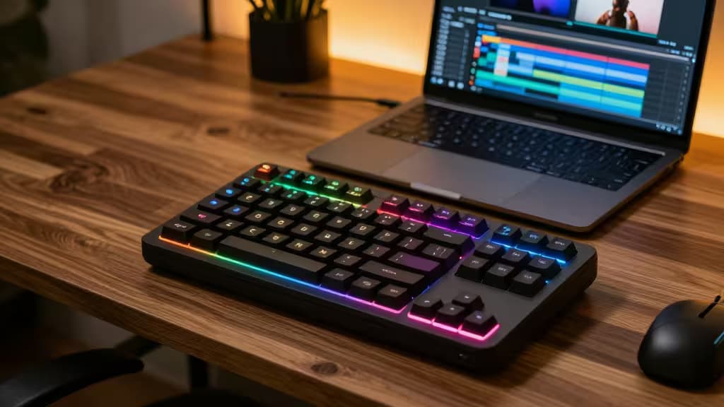 Colorful LCD macro pad sits beside laptop on wooden desk, enhancing video editing workflow.