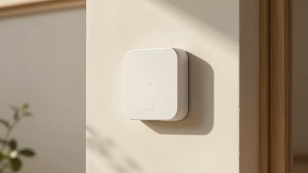Sonnette connectée blanche de forme carrée fixée sur un mur beige, lumière douce du matin, design minimaliste.