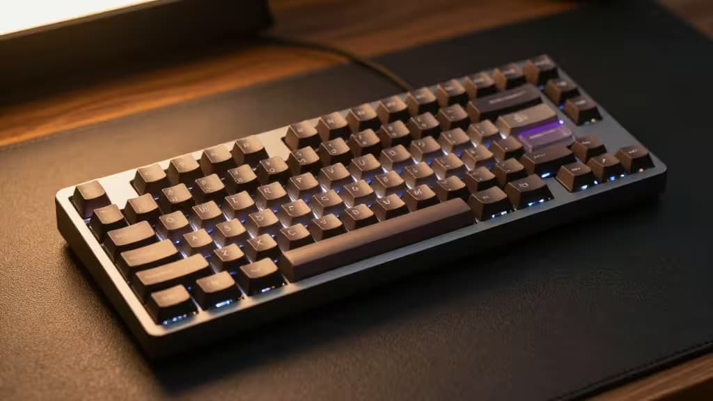 A backlit mechanical keyboard with brown keycaps rests on a dark desk, illuminated by warm ambient light.