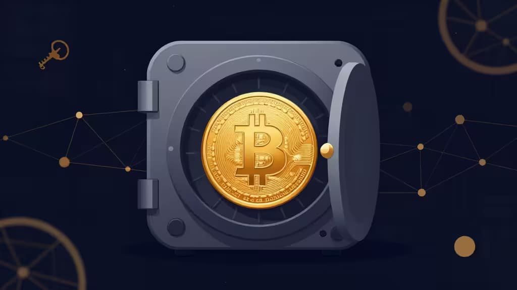 Ilustração editorial de uma moeda de Bitcoin dourada a emergir de um cofre digital, com nós de rede blockchain e motivos de chaves criptográficas em fundo azul-marinho.