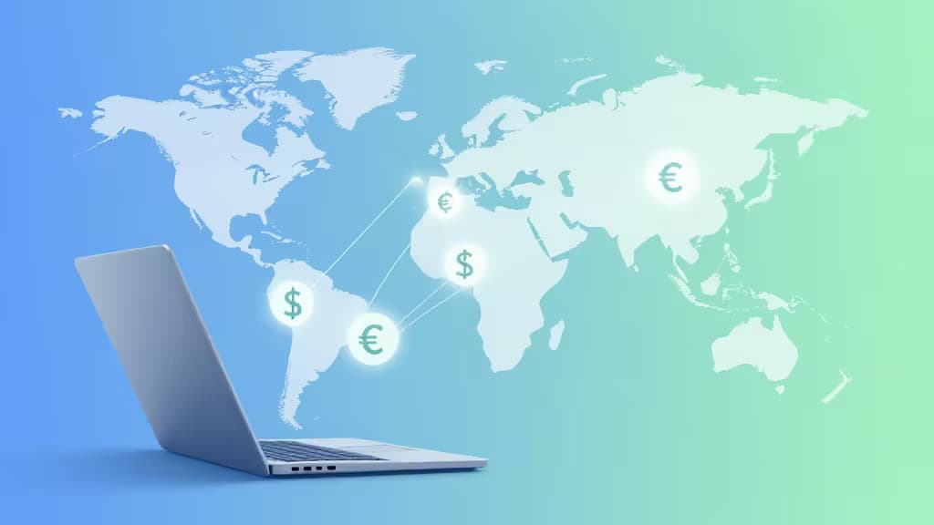 A silver laptop projects glowing dollar and euro symbols across a translucent world map, symbolizing seamless global freelance payments.