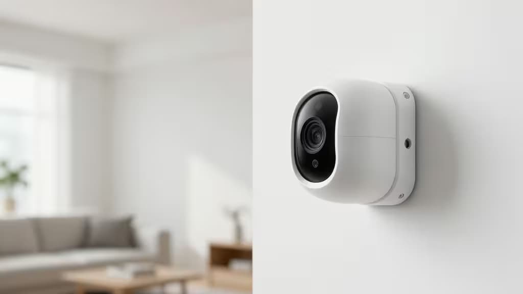 White wall-mounted security camera with black lens, positioned in bright modern living room.