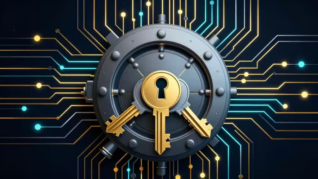 Three golden keys pierce a metallic vault door, set against glowing circuit boards symbolizing multi-sig crypto security for teams in 2026.