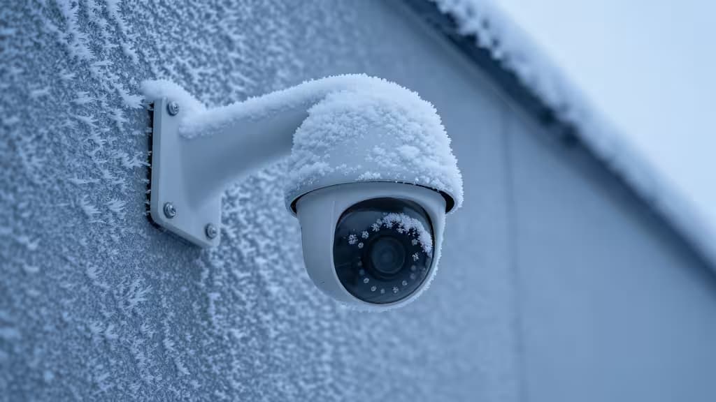 Buitenbeveiligingscamera bedekt met rijp en sneeuw tegen een winterse achtergrond in koele blauwe tinten