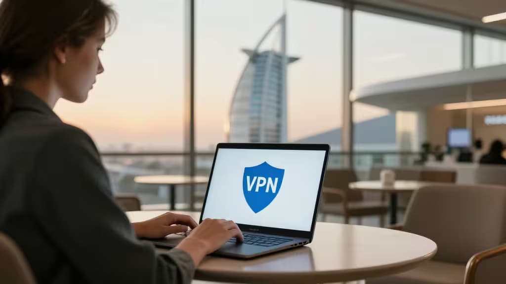 Woman uses laptop displaying VPN shield in Dubai airport lounge with Burj Al Arab view.