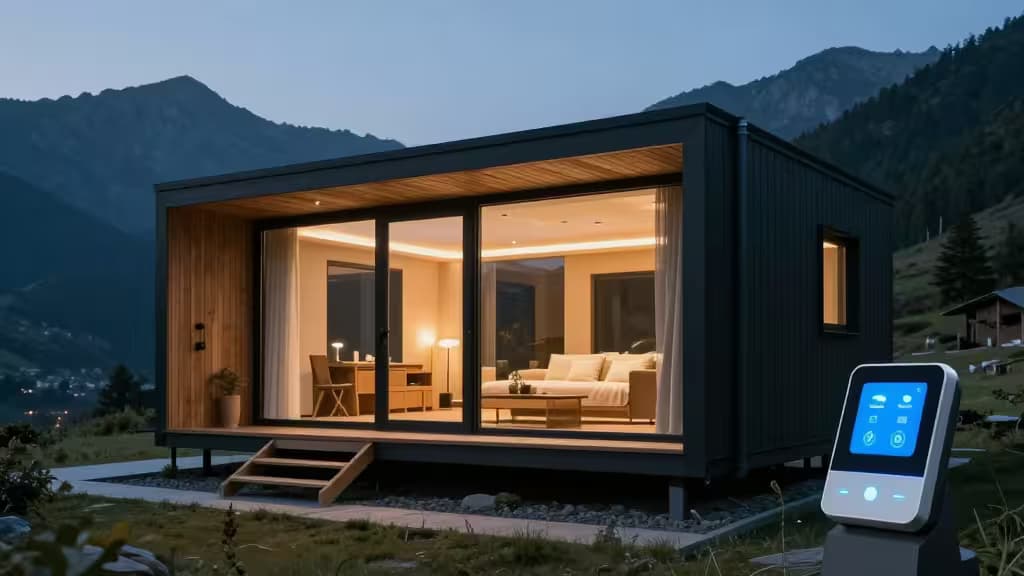 Moderne Ferienhütte mit leuchtendem Innenraum, Bergkulisse im Hintergrund und Smart-Home-Bedienfeld im Vordergrund.