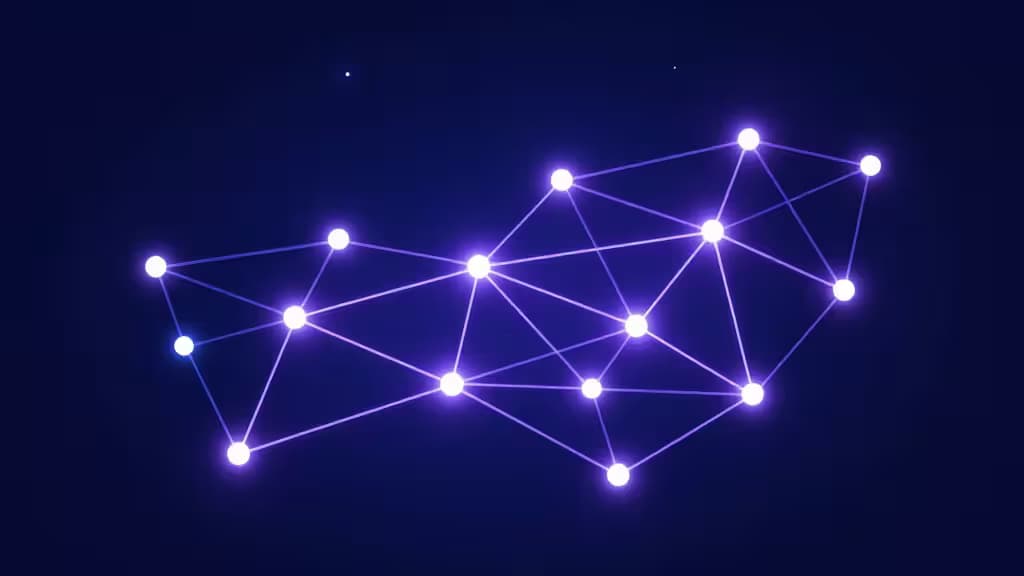 Glowing nodes and purple lines form a network on a dark blue background.