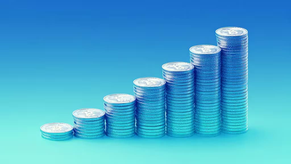 Sete pilhas ascendentes de moedas azuis simbolizam o crescimento sistemático de investimento em criptomoedas contra um fundo de gradiente azul.