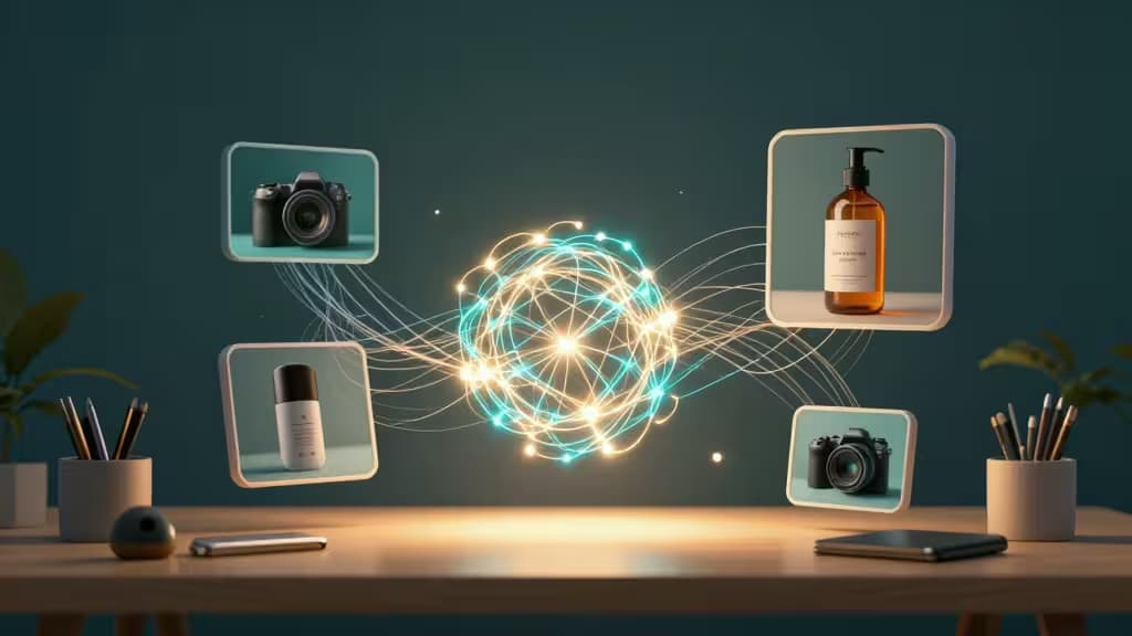 Glowing AI neural network connects floating product photos and cameras above a wooden desk.