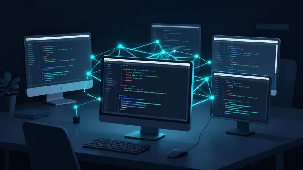 Glowing neural network connects code-filled monitors on a dark desk, symbolizing AI-assisted enterprise development.