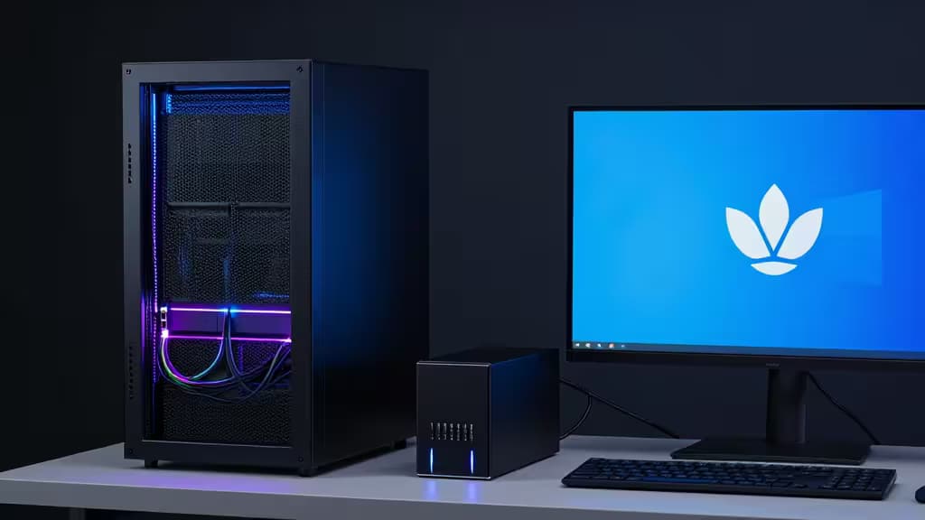 Чёрный ПК-корпус с RGB-подсветкой стоит рядом с монитором, на котором отображается логотип Kubernetes, на минималистичном столе.