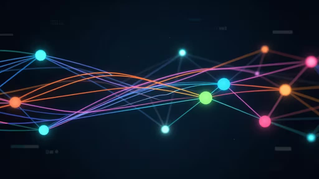 Colorful nodes and lines symbolize API connections for testing tools like Postman, Insomnia, Newman.