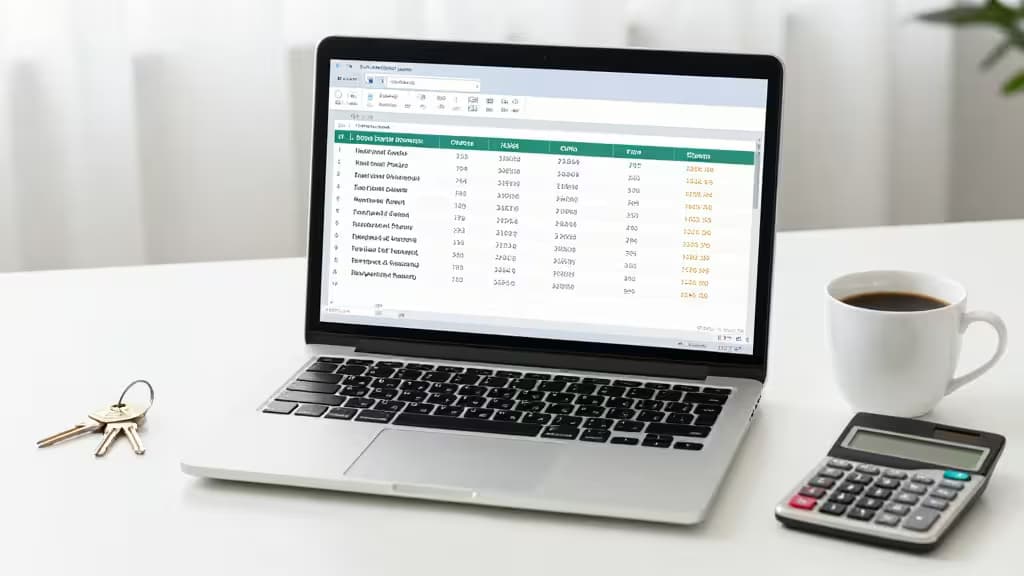 Laptop displays expense spreadsheet, flanked by coffee cup and calculator on white desk.