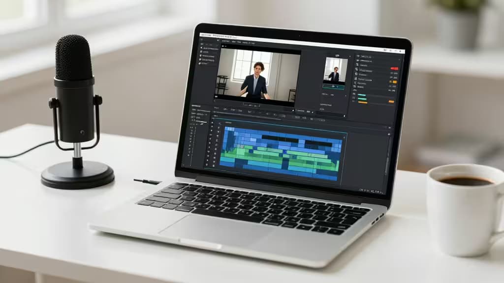 A silver laptop displays AI video editing software, flanked by a black microphone and coffee cup on a white desk.