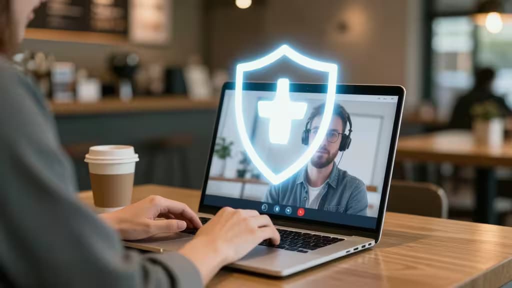 A professional in Italy uses a laptop with a glowing shield icon during a Zoom call, emphasizing secure video communication.