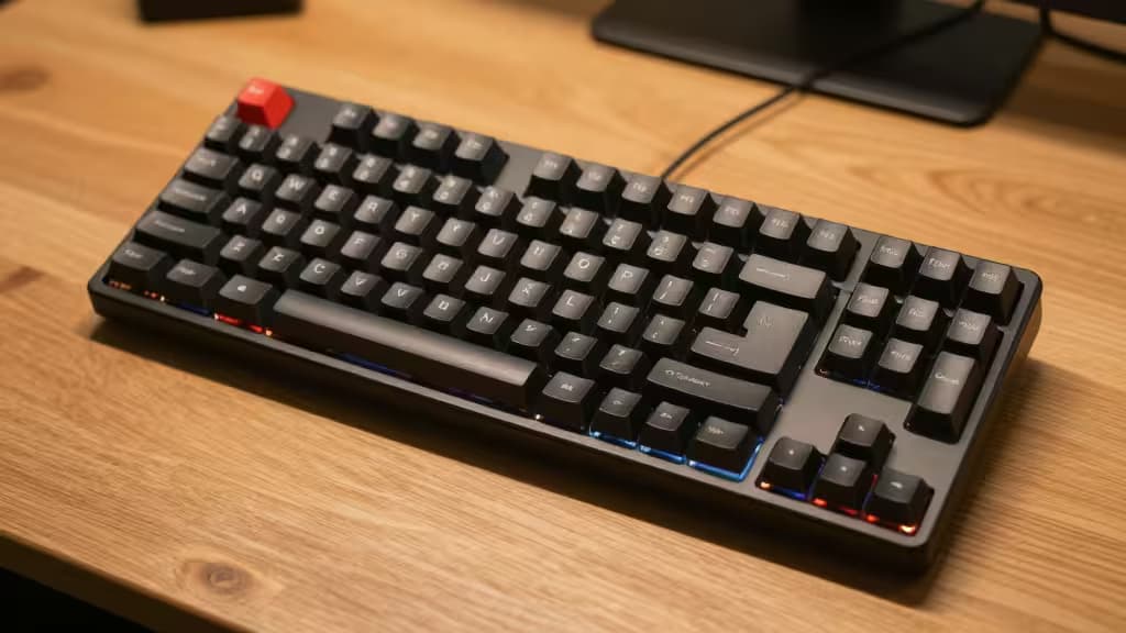A split ergonomic mechanical keyboard on a warm wooden desk, photographed in editorial product style with shallow depth of field.