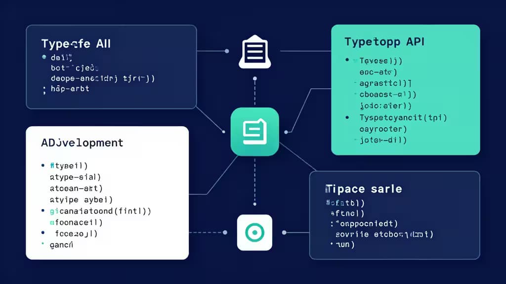 TypeScriptの型安全なAPI開発を表現する抽象イラスト。幾何学的なコードブロックとデータフロー線が深い青とティールの配色で描かれている