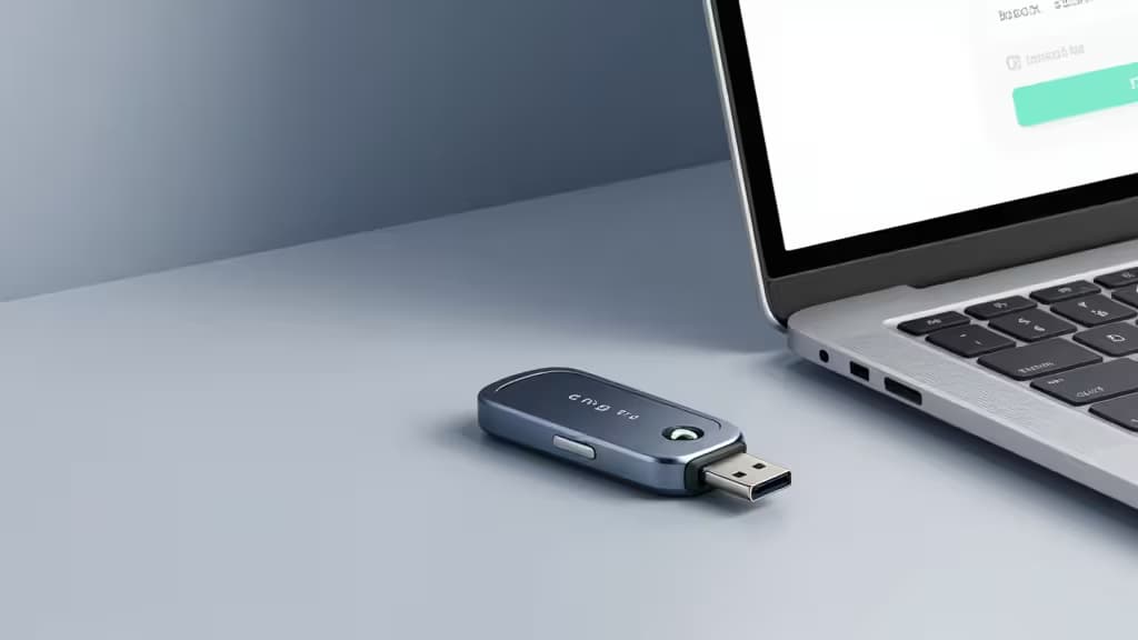 USB-C接続のハードウェアセキュリティキーがノートパソコンの横に置かれたエディトリアル風プロダクト写真