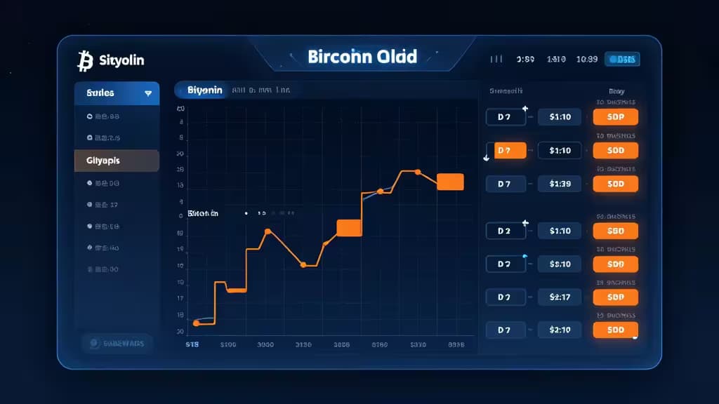 Dashboard futurista de trading con gráfico de grid strategy, líneas de precio naranjas y botones automáticos de compra/venta.