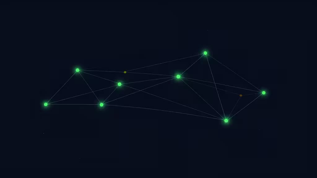 Glowing green nodes connect via thin lines across a dark background, symbolizing server uptime monitoring.