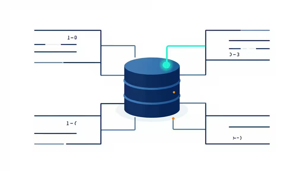 Blauwe database-cilinder verbonden met vier codeblokken via lijnen, illustratie van ORM-relaties voor TypeScript-ontwikkelaars.