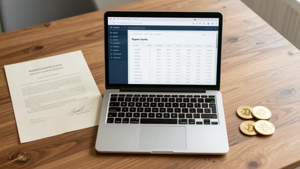 Laptop displays crypto tax dashboard beside inheritance document and physical Bitcoin coins on wooden desk.