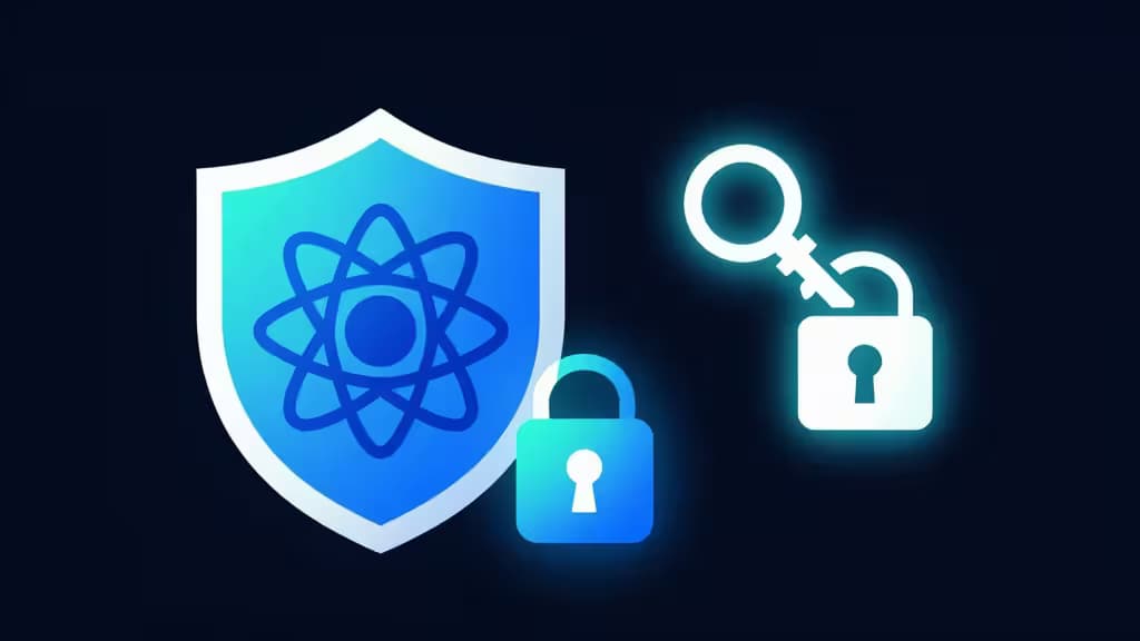 Абстрактная иллюстрация аутентификации в React-приложении: щит с логотипом React, светящиеся ключи и замки в сине-бирюзовой палитре на тёмном фоне